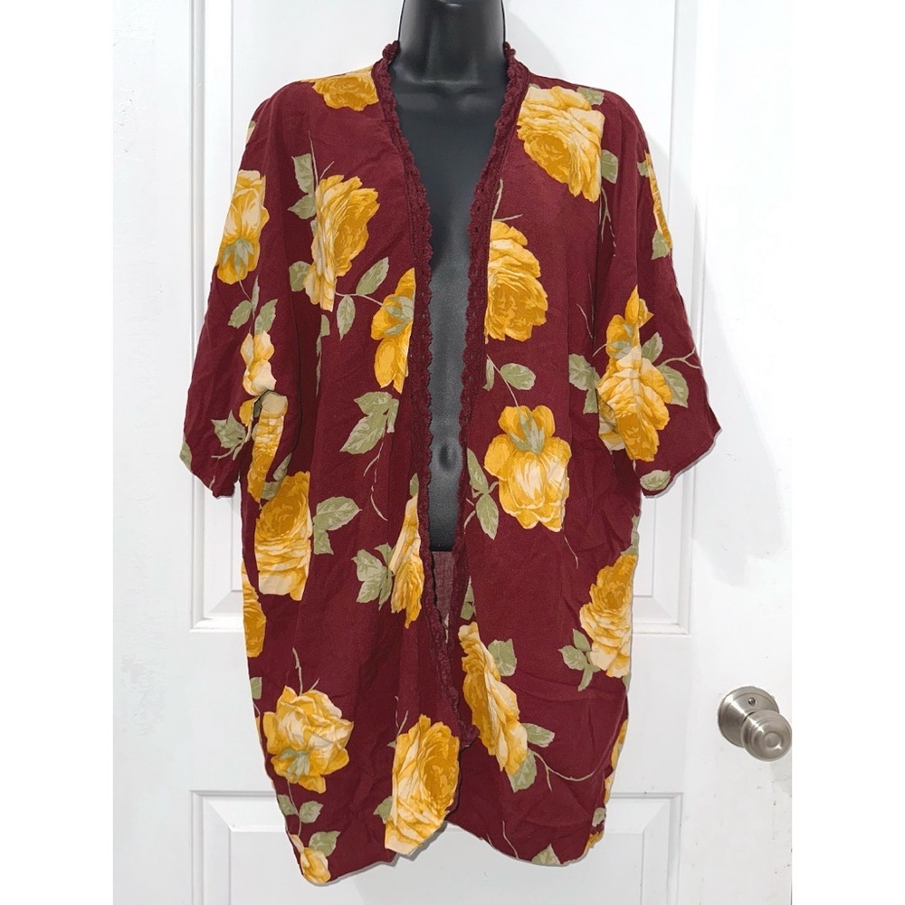 M. Gas is dark red & yellow floral print kimono shawl